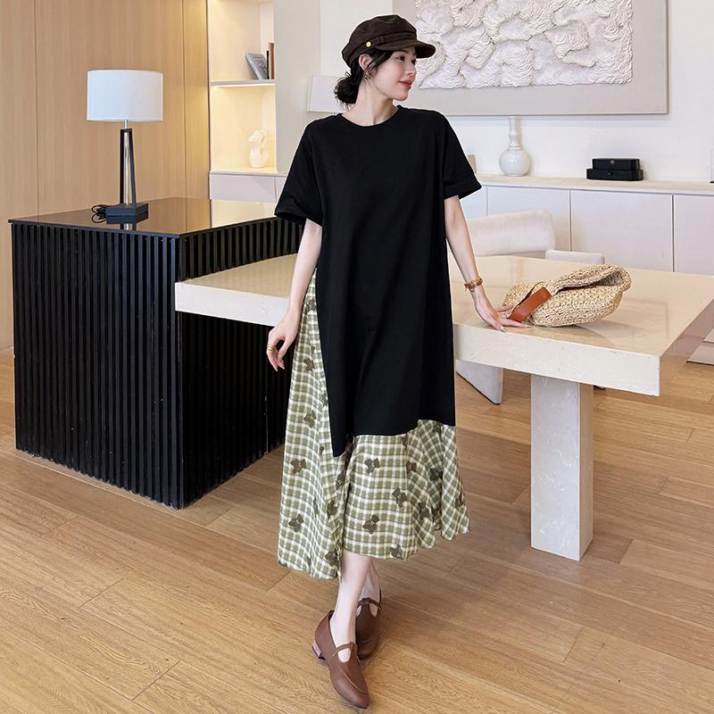 DIMANAF 2025 Femei Rochie Lungă Basic Vintage Vară Mânecă Scurtă Rochie Cămașă Carouri Cusută Casual Larg Mărimi Mari