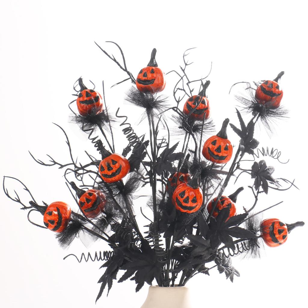 Halloween Scary Decoration Black Pumpkin Stem Bouquet Party Decor Spooky Holiday Atmosphere Floral Arrangement
