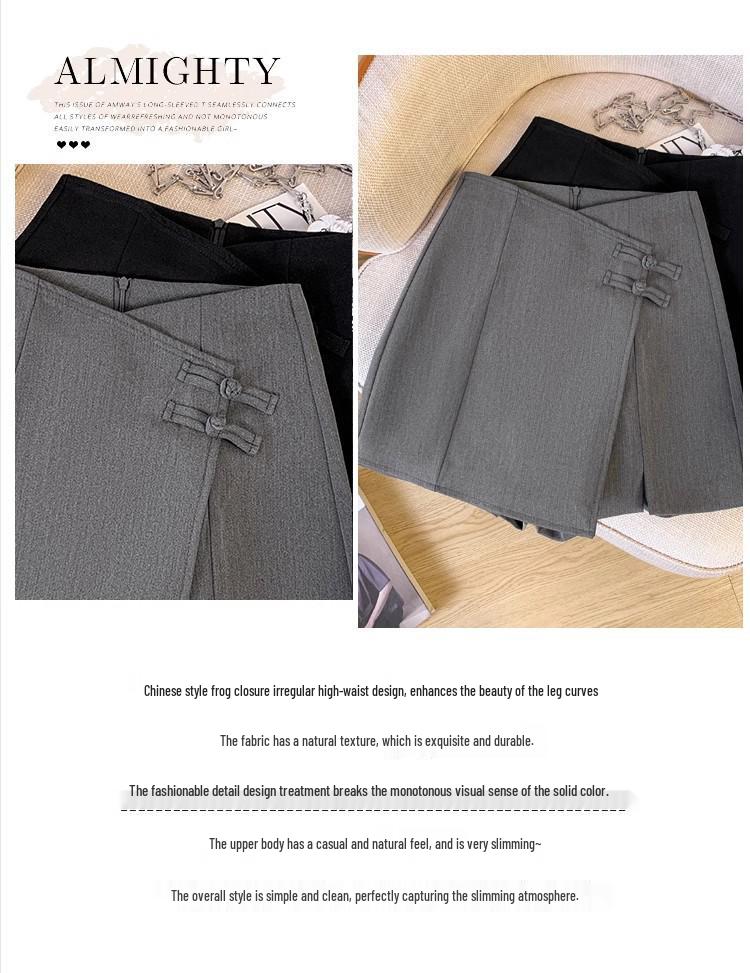 Gray Buttoned A-Line Skirt with Slit - Women's Spring/Summer Chinese Style Hip-Wrapped Skirt