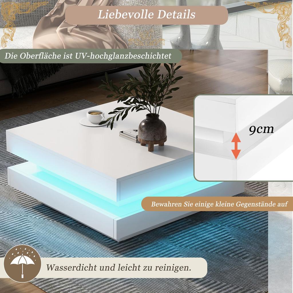 Coffee Table White High Gloss Modern Swivel Top, White 16-Color LED Lighting, Techno Style, Sofa Table, Coffee Table, 70x70x36cm