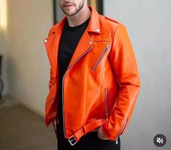AL KHALID Men's Leather Jacket Orange Genuine Lambskin Leather Jacket Motorcycle