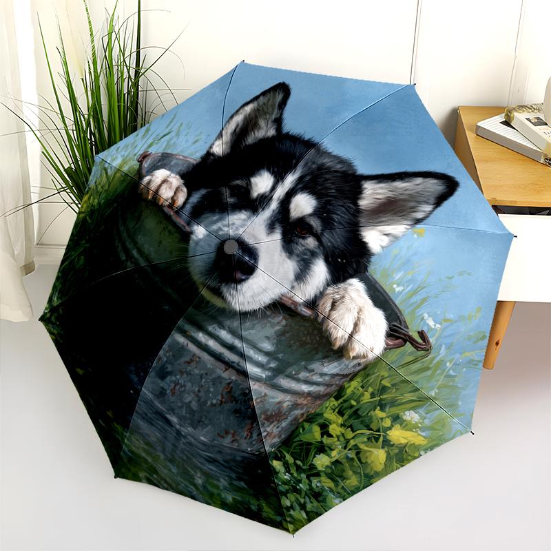 Husky and Grass pattern, automatic folding umbrella, portable and foldable design, 8 ribs, a Christmas or birthday gift.