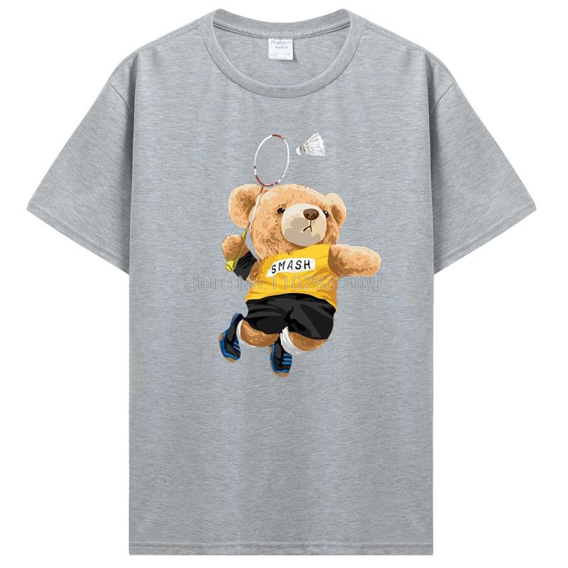Teddy Bear Playing Badminton Tshirt Exercise Clothing T-shirt Graphics Kawaii Men Women Short Sleeve Printed T Shirt Top Tees