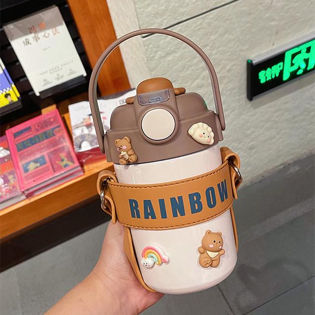 Updated Charming Double Drink Straw Thermo Water Bottle With Insulation Leather Case Kids Student Lightweight Coffee Bubble Tea Thermal Cup