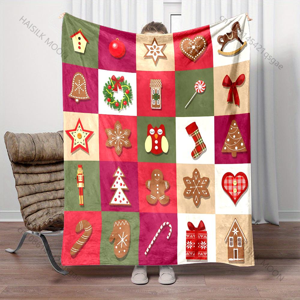 Festive Christmas-themed Patchwork Pattern Blanket Flannel Material Soft Warm for All Seasons, Home Outdoor Camping Picnics RV