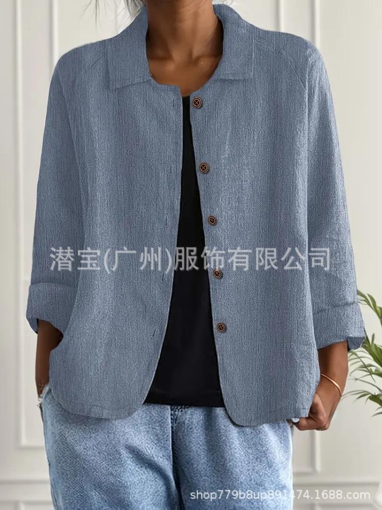 Women's Gray Cardigan with Notch Lapel and Brown Buttons