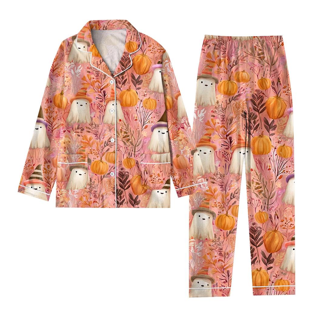 Women's 2 Piece Printed Suit Long Sleeve Button Up Top Wide Leg Pants Suit Set Pajamas Home Casual Suit