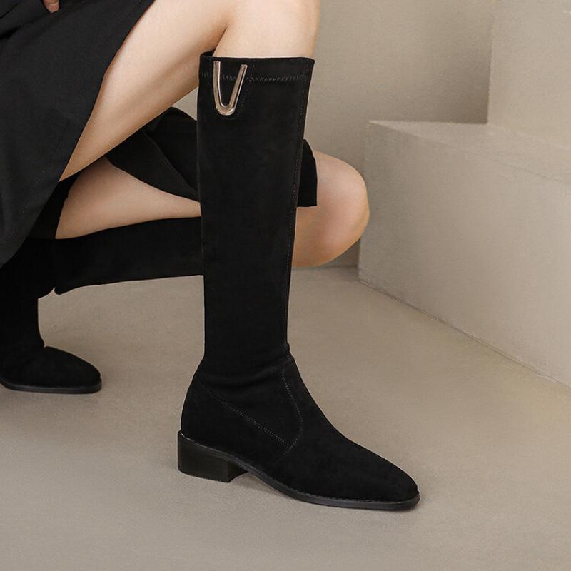 Podzimní a zimní nové módní semišové boty gumová podrážka velká velikost dámské boty nízký podpatek kulatá špička kožené boty zadní zip vysoké boty