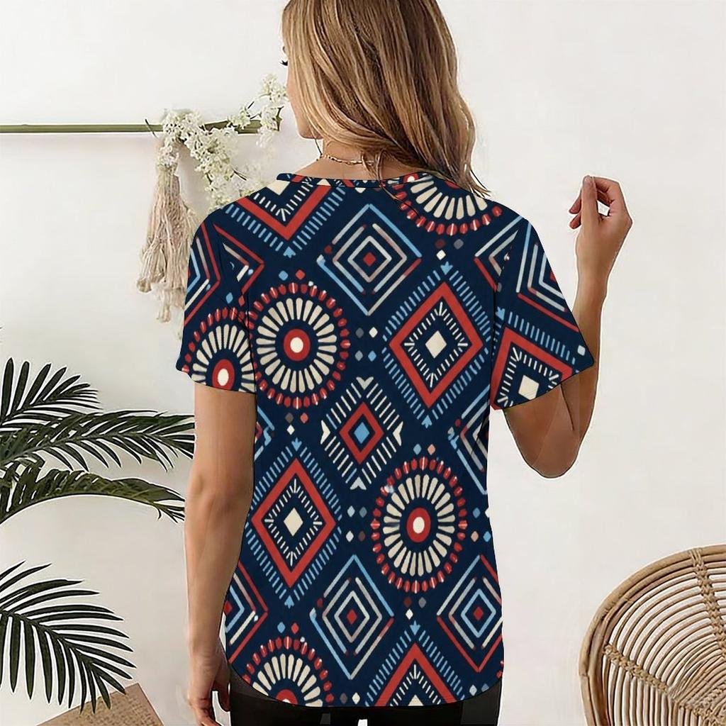 Women Plus Size U Neck Short Sleeve Printed T Shirt Geometric Pattern Navy Blue Curved Hem