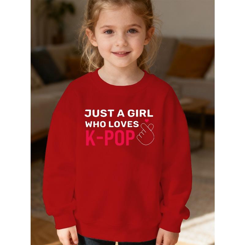 Kids Unisex Crewneck Sweatshirt, Just A Girl Who Loves K-POP Heart Hand Print Long Sleeve Pullover, Kids Sweatshirt For Boys Girls Over 4 Years Old