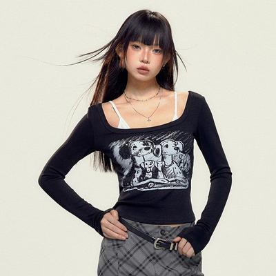 Spring and Autumn New Pure Desire Style Spicy Girl Short Long Sleeve T-shirt for Women, Slim and Versatile Design Sense Fake Two Piece Top