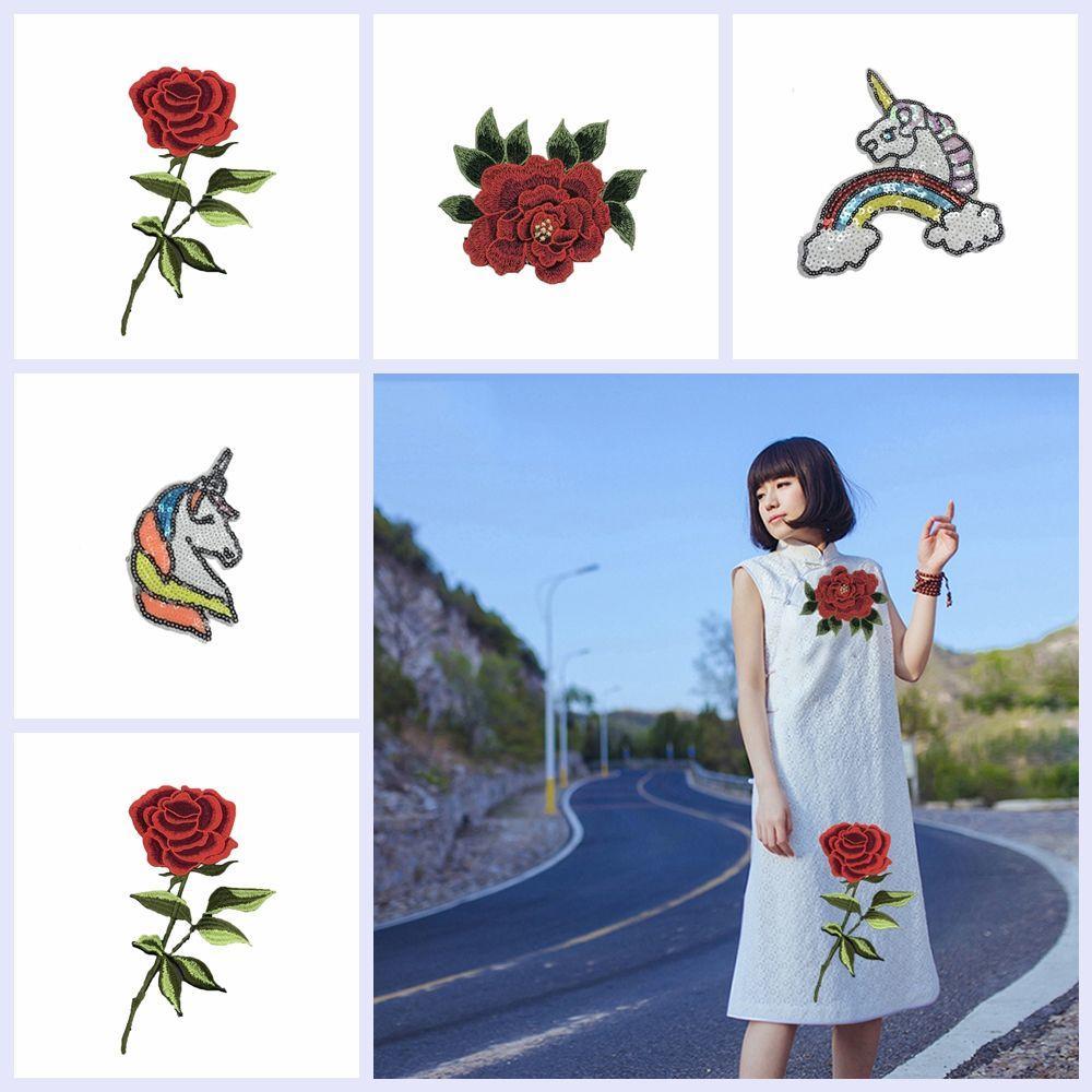 Rose Blumen Pailletten bestickt Eisen auf Patches für Kleidung Applikationen ZP
