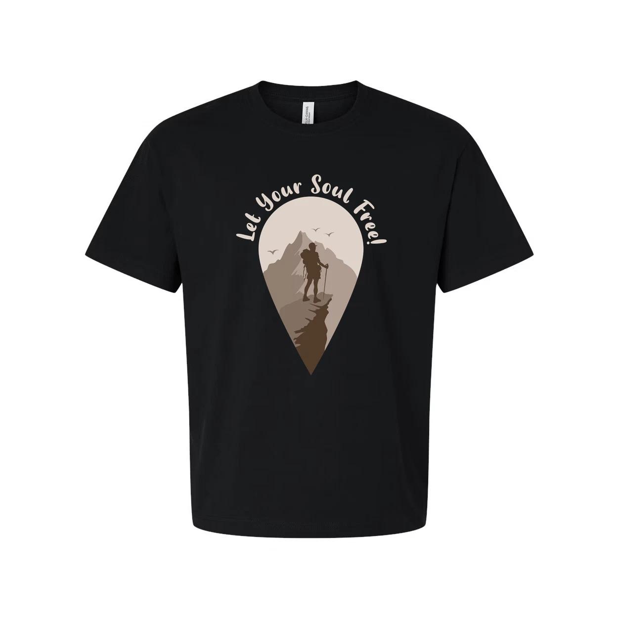 

Outdoors Unisex Hiking Graphic Tee With Mountain Silhouette And Let Your Soul Fe S