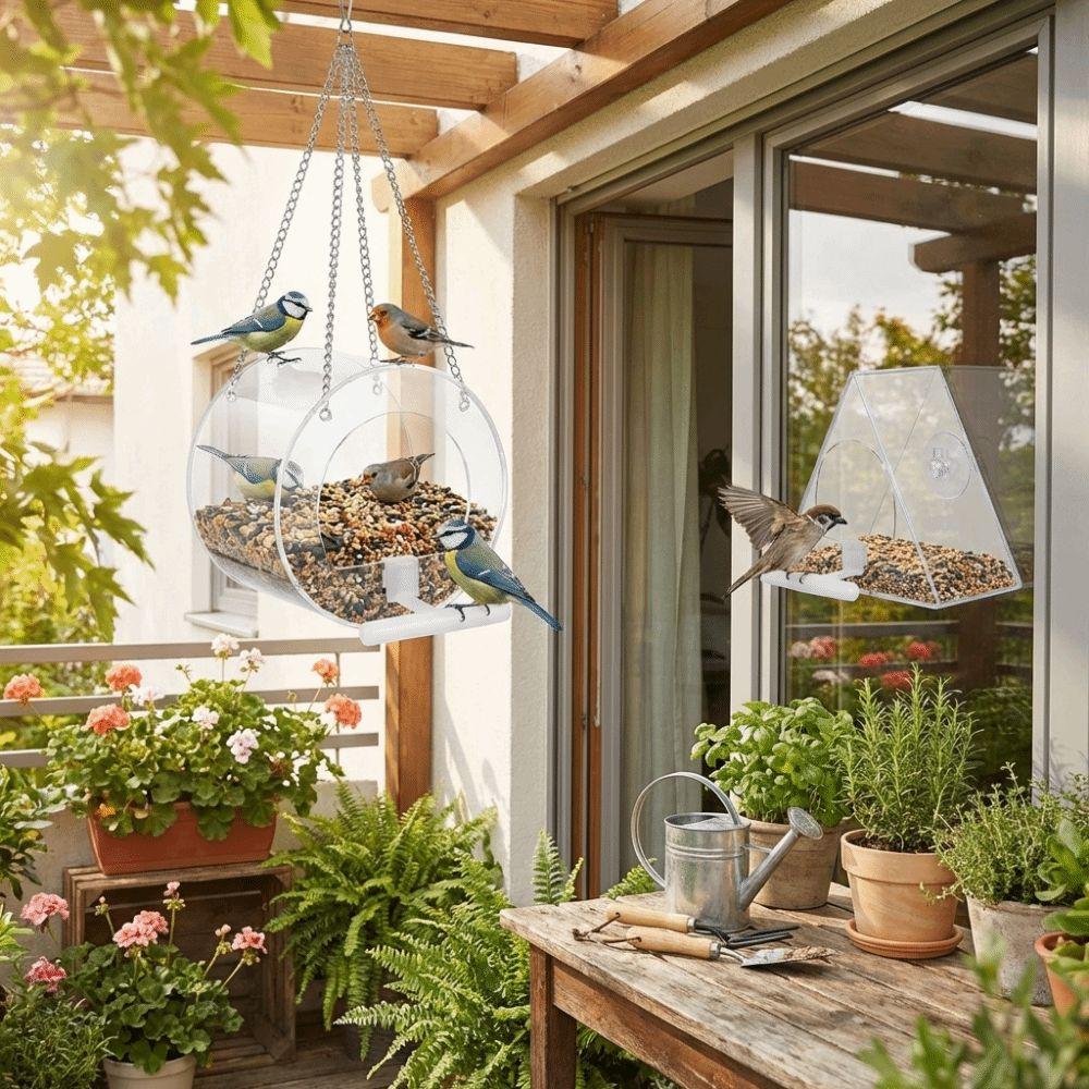 Waterproof Hanging Acrylic Bird Feeder Large Capacity Transparent Bird Feeding Station Strong Suction Cup with Hook