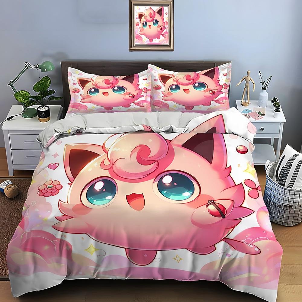 Pokemon Jigglypuff Potisk Povlečení Sada Přikrývka 1 Povlak na přikrývku 2 Povlaky na polštáře Sada ložního prádla pro dospělé a děti Luxusní dárek k narozeninám