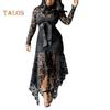 TS Women Long Sleeve Bow Belted Irregular Hem Hollow Lace Bodycon Long Dress