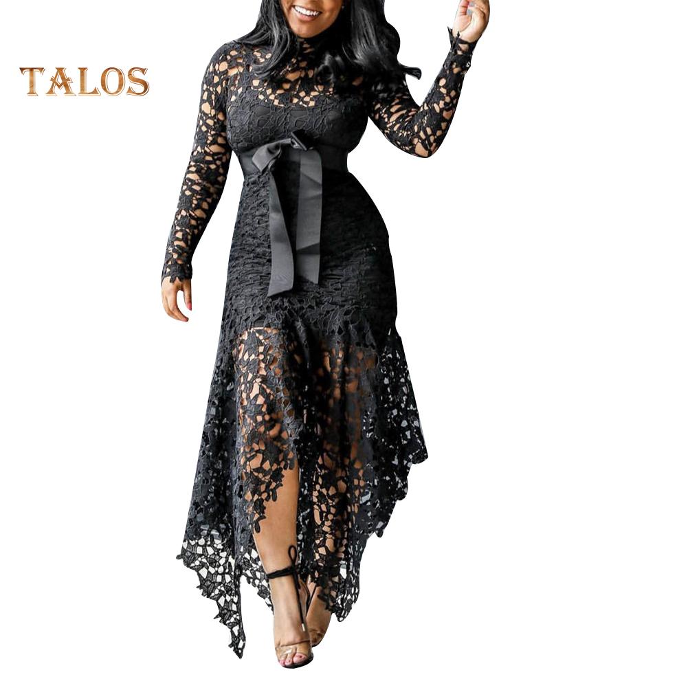TS Women Long Sleeve Bow Belted Irregular Hem Hollow Lace Bodycon Long Dress