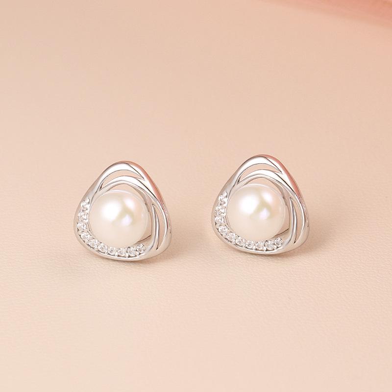 Sterling Silver Natural Pearl Triangle Stud Earrings with Diamond Inlay - Women s 2025 New Style. 925 Silver
