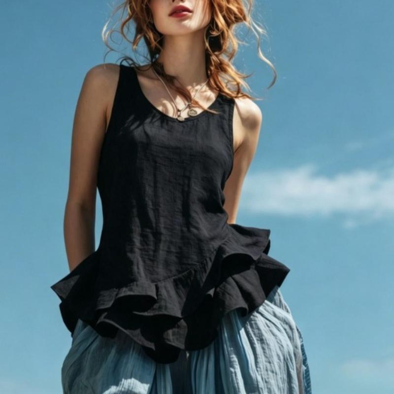 Women's Ruffle Hem Tank Top Casual Sleeveless Blouse Loose Linen-Like Camisole Summer Irregular Hem Vest Tops Multiple Colors