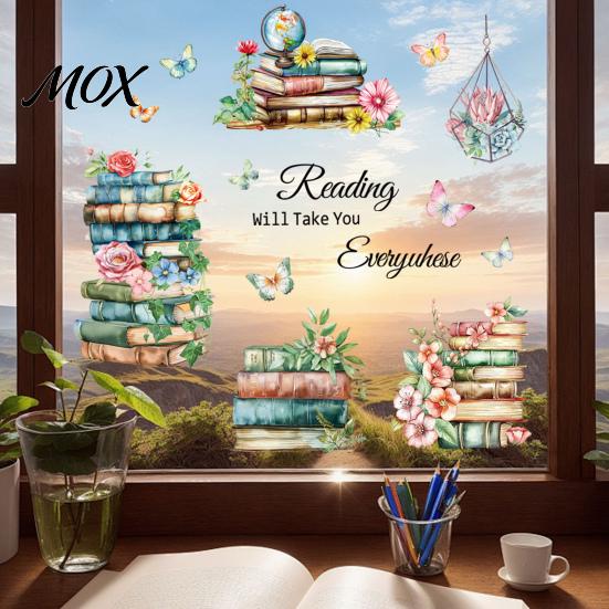 Back to School Window Clings Book Cling, Static Decals with Butterfly Flower Literary Pattern Stickers for Classroom Glass, Removable No Glue