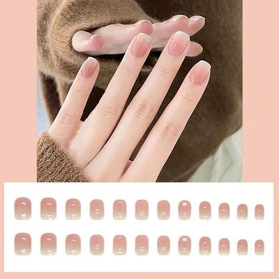24 Pièces/Boîte Ongles Artificiels Courts Squoval Brillant Style Français Réutilisables Press-on Nails Femmes