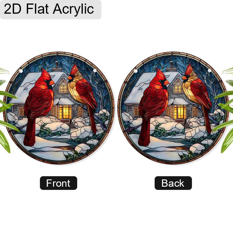 Acrylic Winter Cardinals with Snowy Cabin Suncatcher, Stained Glass Effect Window Hanging Ornament for Christmas & Nature Lover Gifts