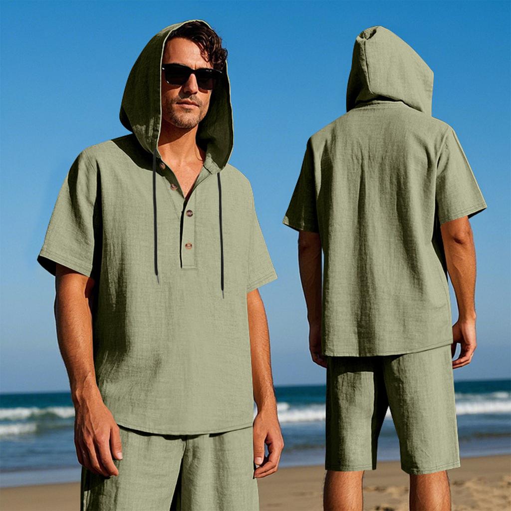 Men'S Loose Hooded Casual Short Sleeved Shirt Beach Shorts Set