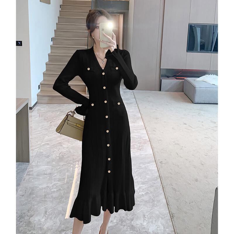 Elegant French V-Neck Knitted Midi Dress