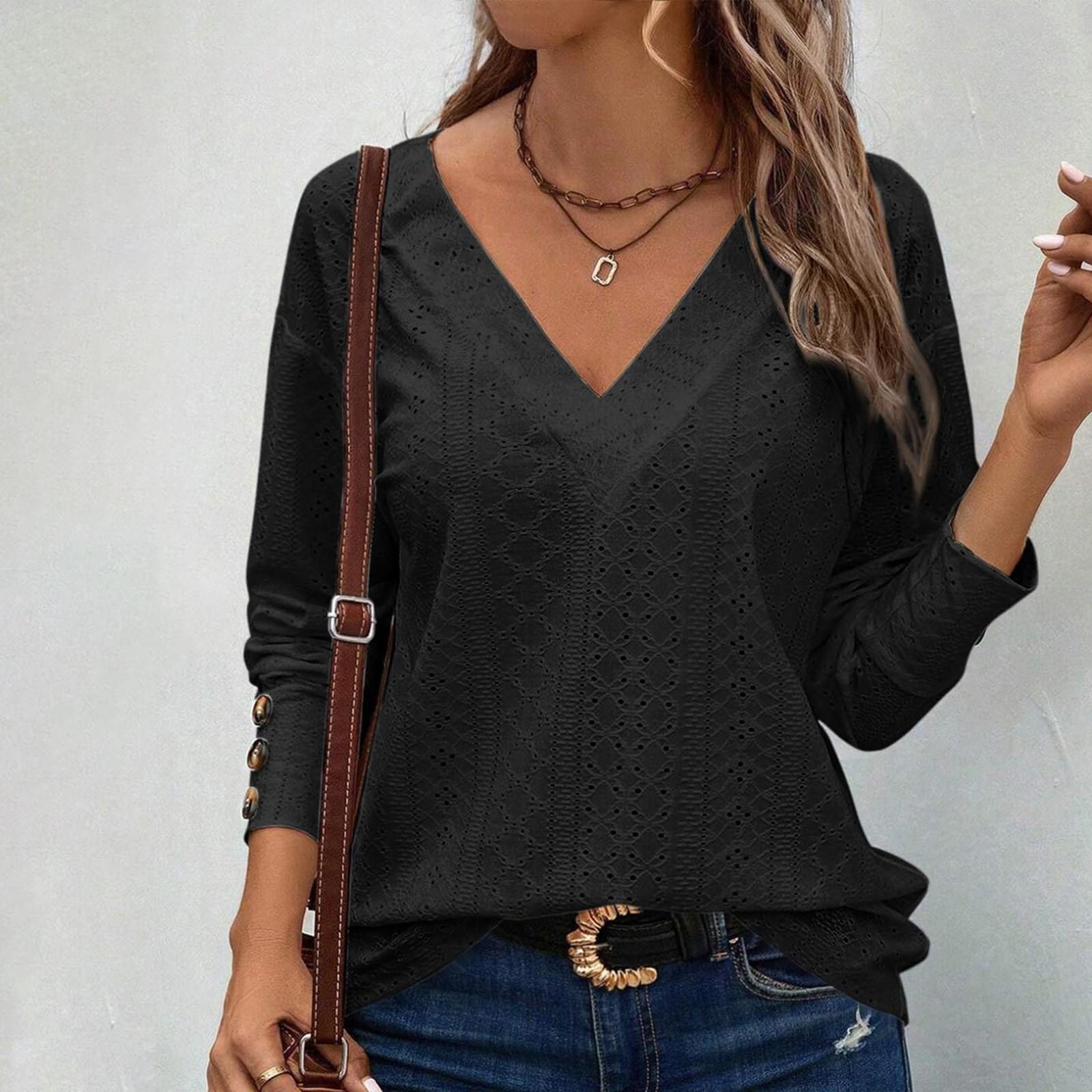 

Женские топы, повседневные рубашки с V-образным вырезом, длинными рукавами и пуговицами S чёрный