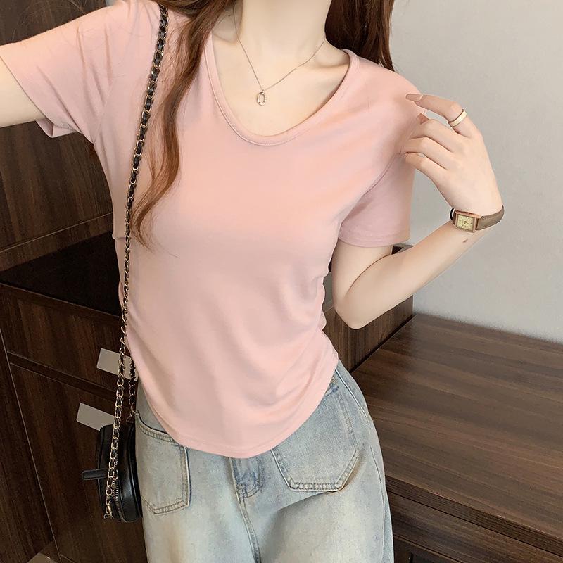2026 Summer Plus Size Women's Korean Style Youthful Solid Color Ruffled Short Sleeve T-Shirt
