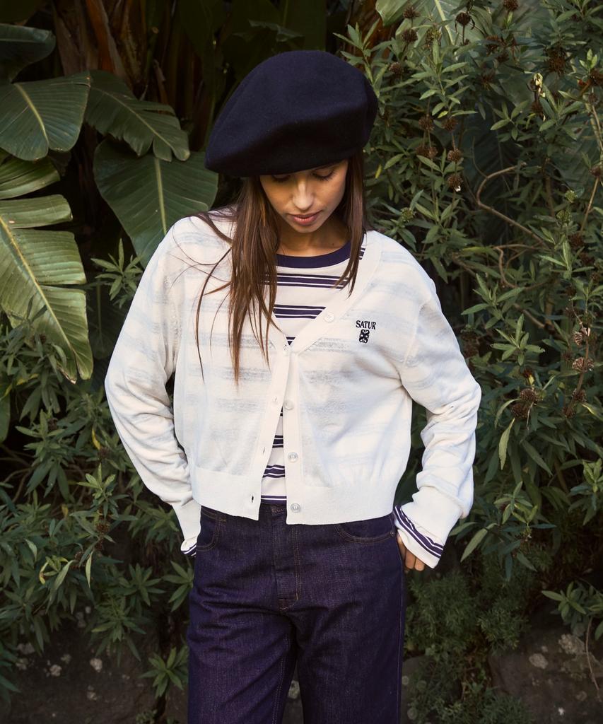 Seteo Font Embroidered Stripe Long Sleeve Navy