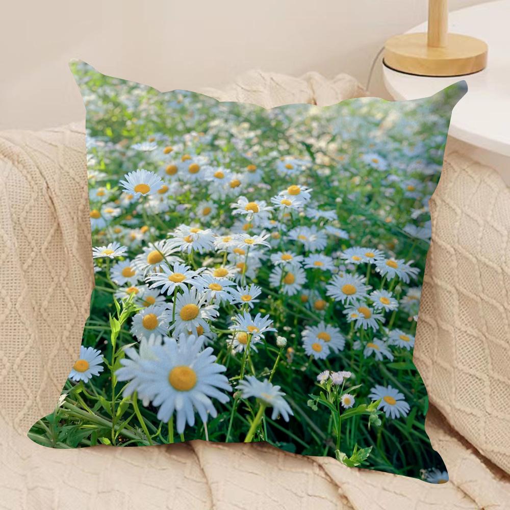 Flower Daisy Cushion Cover Soft Plush Fabric Double-Sided Printed Sofa Cushion Cover for All Seasons Home Decor Gift