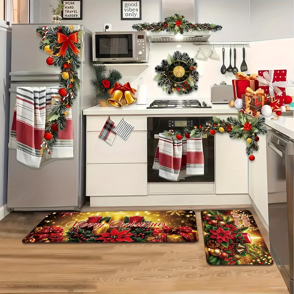 2Pcs Anti Fatigue Kitchen Rugs Merry Christmas Ball Waterproof Non-Slip Thick Cushioned Kitchen Mat Heavy Duty Comfort Standing Mat for Kitchen