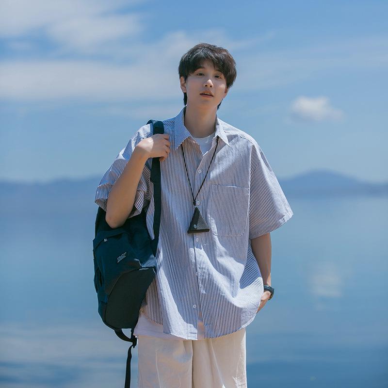 Men's Japanese Striped Short-Sleeve Lapel Shirt - Summer Cityboy Casual Versatile Trendy Brand Jacket