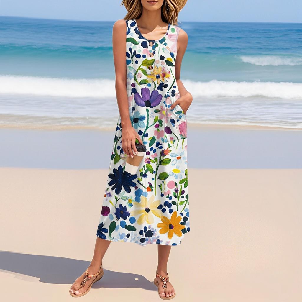 Women's Summer Vintage Floral Patchwork Print Dress Sleeveless Button Down Casual Loose Long Beach Sundress