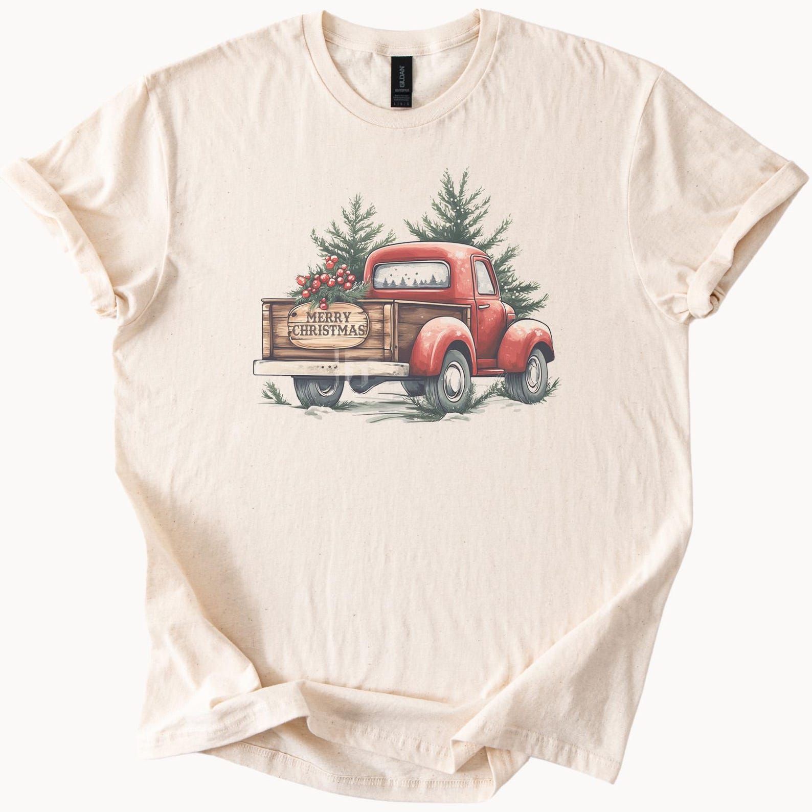 Red Christmas Truck Graphic Shirt Merry Christmas Holiday Tee Retro Farmhouse Christmas Tree Berry Print Tshirt 100