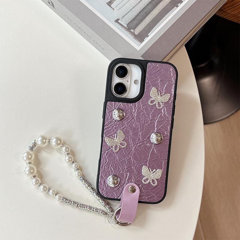 

Silver Bead Bow for IPhone 16 Mobile Phone Case 14 Protective Cover for IPhone 17 Promax Pearl Bracelet 15 For iPhone X/XS