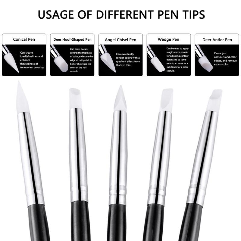 5Pcs/Set Silicone Nail Art Pen Brush Uv Gel Polish Tip 3D Image Diy Dotting Polish Brushes Sculpture Pen Diy Manicure Tool