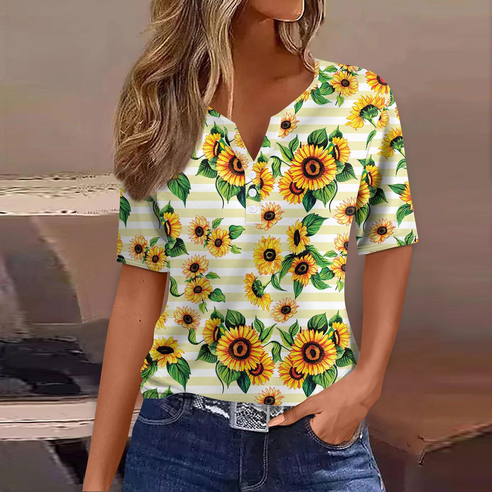 

Жен. Футболка Футболка С принтом Пуговицы С короткими рукавами Повседневные Выходные Мода Классический V-образный вырез Обычный Верх XL жёлтый