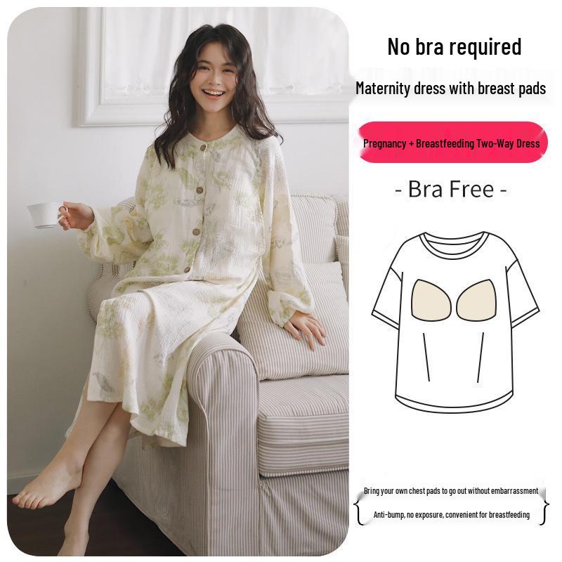 

Платье для беременных из чистого хлопка с нагрудными вкладышами - Легкий весенне-летний послеродовой халат для кормления грудью XL