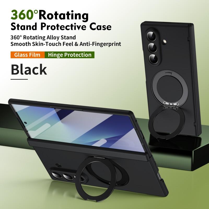 For Samsung Galaxy Z Fold 7 6 5 Phone Case with Tempered Glass, Rotating Magnetic Alloy Stand, Fingerprint Resistant
