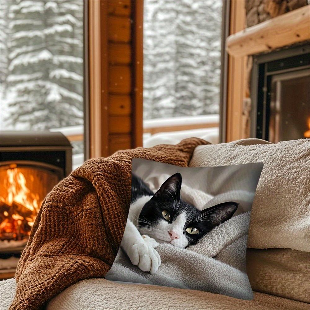 Cute Black White Cat Pillow Cover Realistic Tuxedo Cat Print Soft Cushion Case For Sofa Couch Pet Lover Home Decor
