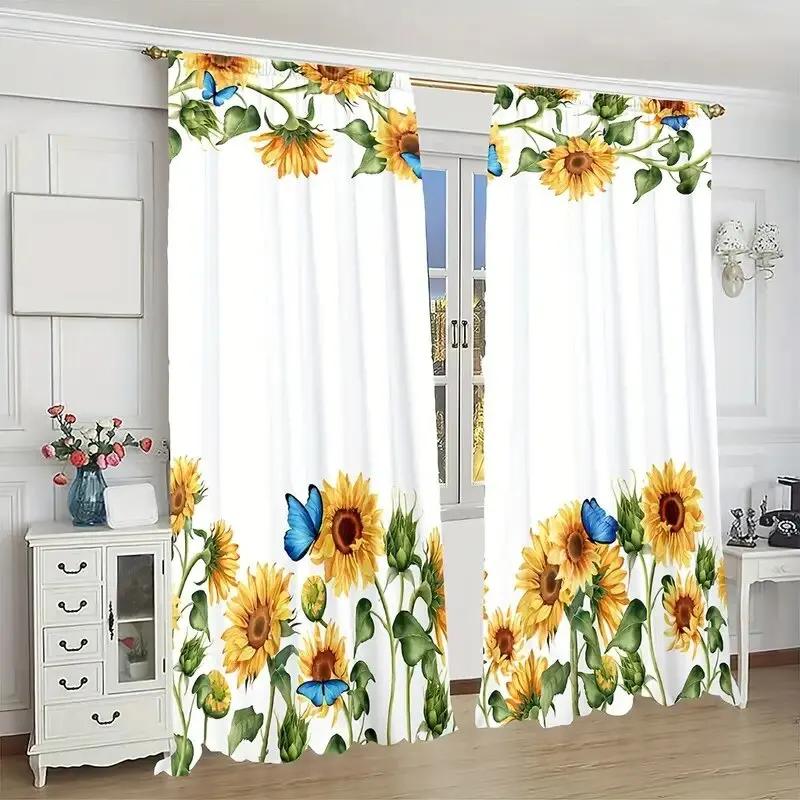 Set aus 2 Vorhängen mit Sonnenblumenmuster Schmetterlingen Sonnenlicht Fensterdekorationen Wohnraumvorhang Hergestellt aus Polyester