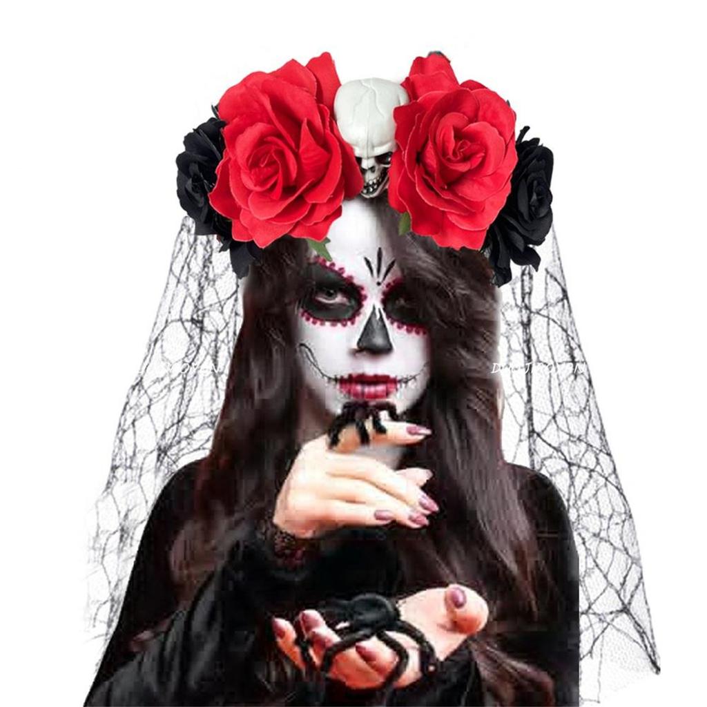 Skull Skeleton Hand Veil Headpiece with Dark Series Flower For Halloween Costume And Themed Photoshoots Wear