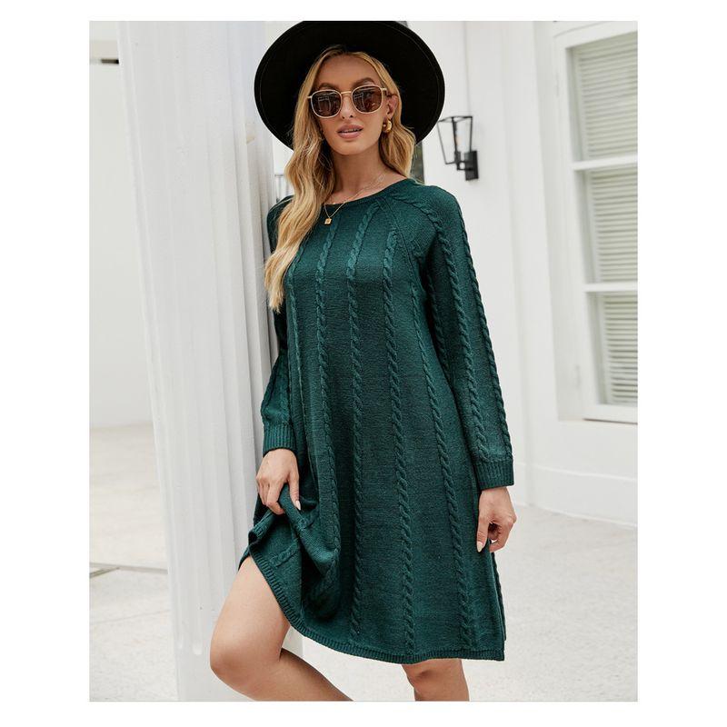 

23023 Solid Color Long Sweater Knit Dress Sweaters Dress Dark Green Woolen Dress M