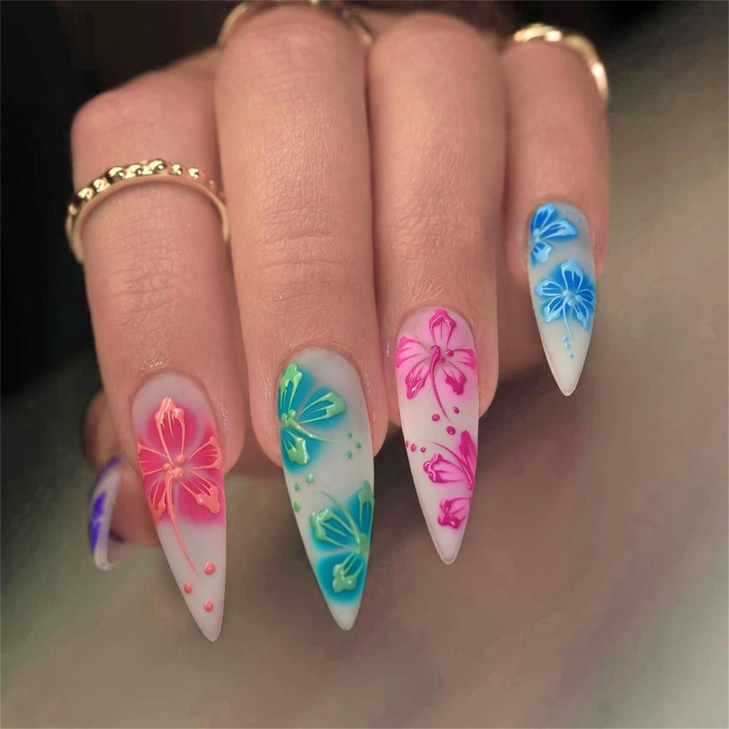 24pcs Long Press on Nails Stiletto Fake Nails Floral Design Reusable Resin Fake Nails for Shopping Traveling Dating