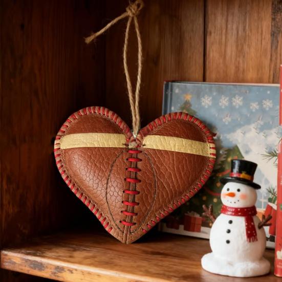 Vintage Football Heart Hanging Decoration Handmade Faux Leather Love Heart Shaped Football Hanging Ornament Sports Fans Collectible Gift