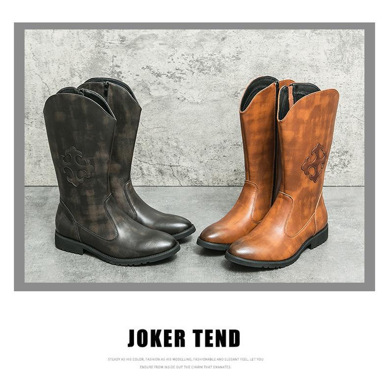 Bottes Western Cowboy en Cuir Mi-Mollet Style Européen & Américain pour Homme avec Fermeture Éclair