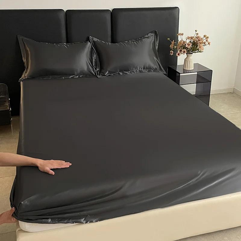 3Pcs Luxury Satin Bedding Set  / 1Pc Satin Elastic Fitted Sheet Ice Silk Mattress Cover Summer Cool Cold Bed Mattress Cover Bedcover