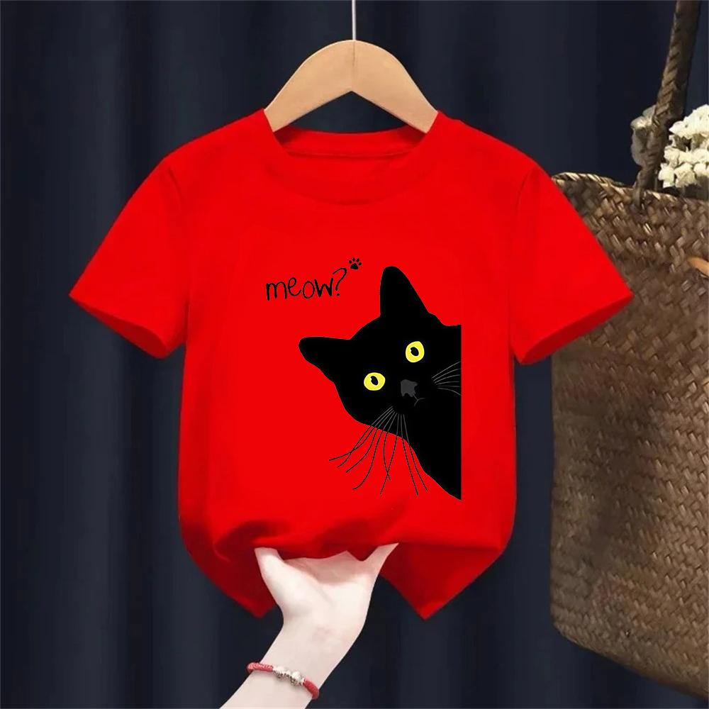Kids Tshirt 100 Cotton Summer Meow Black Cat Print T Shirt Casual Oneck Boys Girls Tshirt Short Sleeve Tshirt Tees
